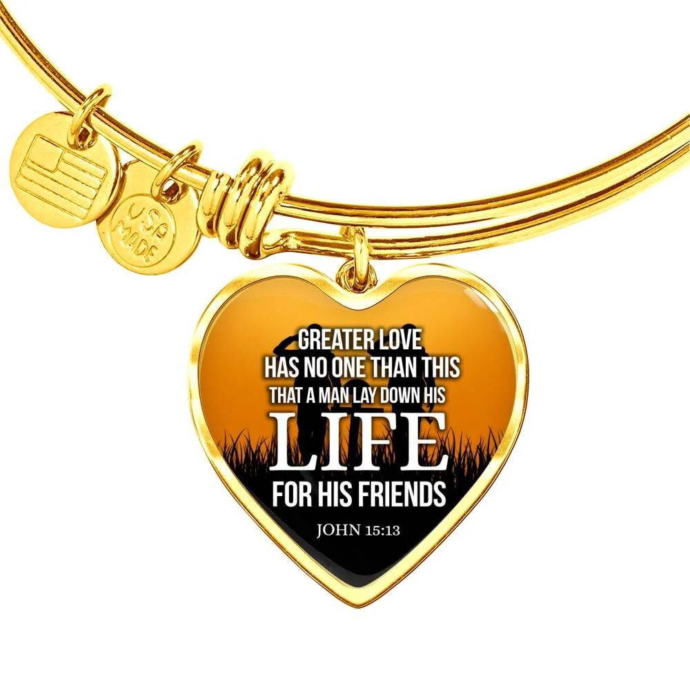 Greatest Love Bible Verse John 15:13 Personalized Engraved Gold Heart Bangle Bra